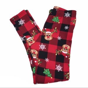 Buffalo Plaid Reindeer Leggings-Faux fur lined-EUC